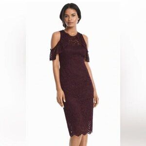 White House Black Market Burgundy Cold Shoulder Sheath Lace Midi Cocktail Dress